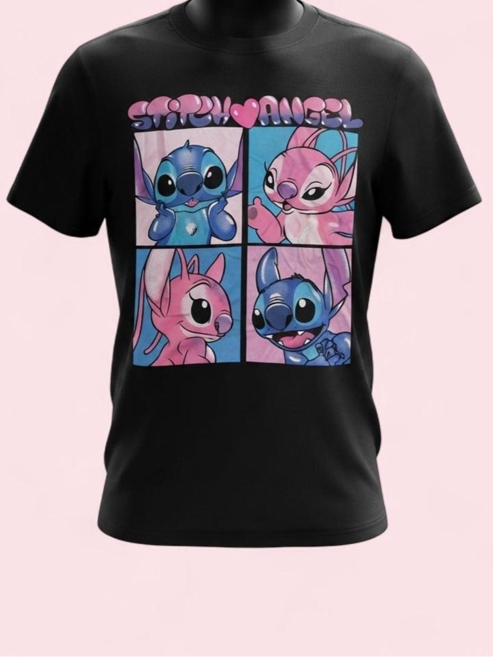 Disney Black Short Sleeve Tee with Pink & Blue Stitch Angel Panels